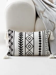 1 pieza Funda de cojín sin relleno con diseño de fleco con patrón geométrico - Blanco y Negro - Ver 2