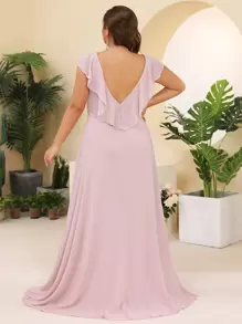 Plus Ruffle Trim Backless Ruched Chiffon Dress - Baby Pink - View 2