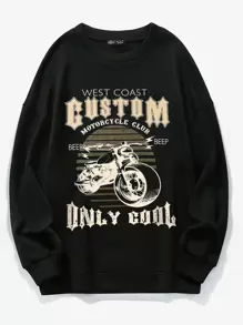 SHEIN Unity Letter & Motorcycle Print Thermal Lined Sweatshirt - Black - View 1