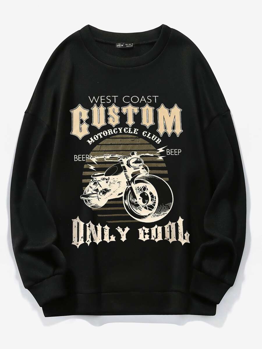 SHEIN Unity Letter & Motorcycle Print Thermal Lined Sweatshirt - Black - View 1