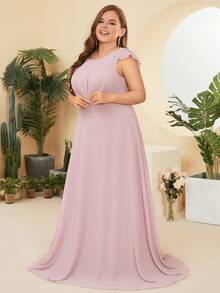 Plus Ruffle Trim Backless Ruched Chiffon Dress - Baby Pink - View 3