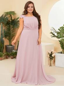 Plus Ruffle Trim Backless Ruched Chiffon Dress - Baby Pink - View 7