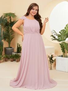 Plus Ruffle Trim Backless Ruched Chiffon Dress - Baby Pink - View 4