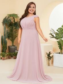 Plus Ruffle Trim Backless Ruched Chiffon Dress - Baby Pink - View 6