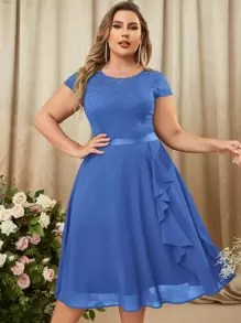 MIUSOL Vestido fiesta ribete con fruncido en contraste con encaje floral - Azul - Ver 1