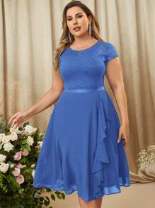 MIUSOL Vestido fiesta ribete con fruncido en contraste con encaje floral - Azul - Ver 6