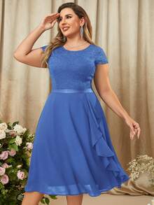 MIUSOL Vestido fiesta ribete con fruncido en contraste con encaje floral - Azul - Ver 5