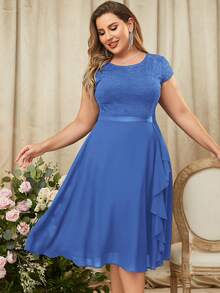 MIUSOL Vestido fiesta ribete con fruncido en contraste con encaje floral - Azul - Ver 3