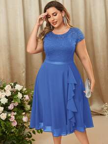 MIUSOL Vestido fiesta ribete con fruncido en contraste con encaje floral - Azul - Ver 4