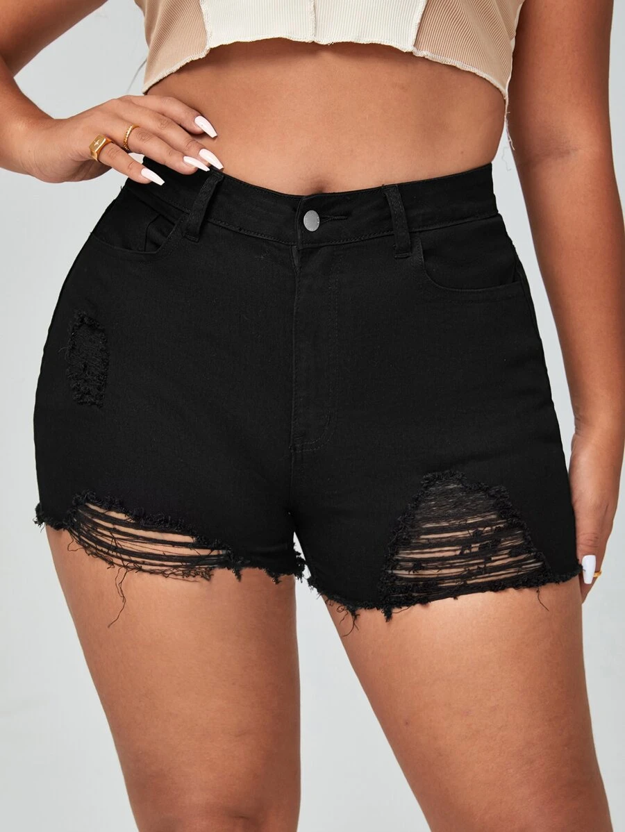 SHEIN Shorts mezclilla desgarro bajo crudo - Negro - Ver 1