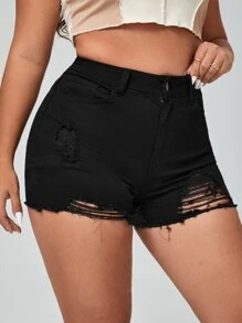 SHEIN Shorts mezclilla desgarro bajo crudo - Negro - Ver 3