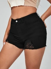 SHEIN Shorts mezclilla desgarro bajo crudo - Negro - Ver 5