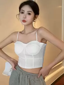 素色緊身上衣吊帶短上衣 - 白色 - 查看 1