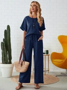 EMERY ROSE Bộ đồ hai mảnh nữ Thắt nút Túi màu trơn Giải trí - Màu xanh hải quân - Xem 1