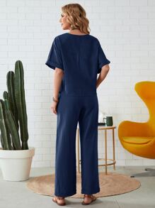 EMERY ROSE Bộ đồ hai mảnh nữ Thắt nút Túi màu trơn Giải trí - Màu xanh hải quân - Xem 2