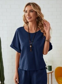 EMERY ROSE Bộ đồ hai mảnh nữ Thắt nút Túi màu trơn Giải trí - Màu xanh hải quân - Xem 5