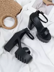 Zip Back Platform Chunky Heeled Ankle Strap Sandals - Black - View 1