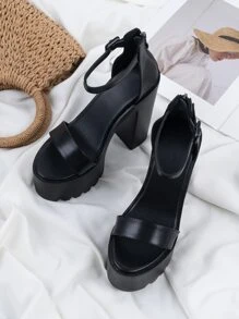 Zip Back Platform Chunky Heeled Ankle Strap Sandals - Black - View 2
