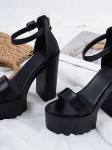 Zip Back Platform Chunky Heeled Ankle Strap Sandals - Black - View 3