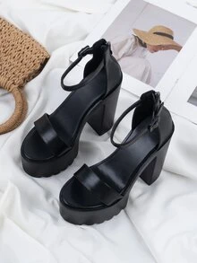 Zip Back Platform Chunky Heeled Ankle Strap Sandals - Black - View 4