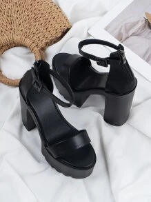 Zip Back Platform Chunky Heeled Ankle Strap Sandals - Black - View 5