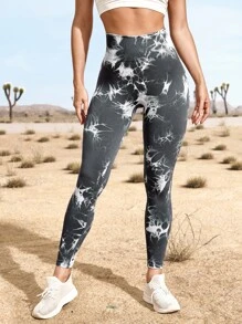 Yoga Trendy Nhuộm buộc Xà cạp yoga Liền mạch Căng cao Kiểm soát bụng Quần bó huấn luyện - Xám - Xem 3