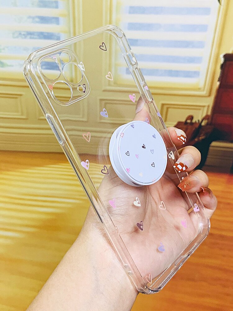 Heart Pattern Clear Phone Case With Stand-Out Phone Grip