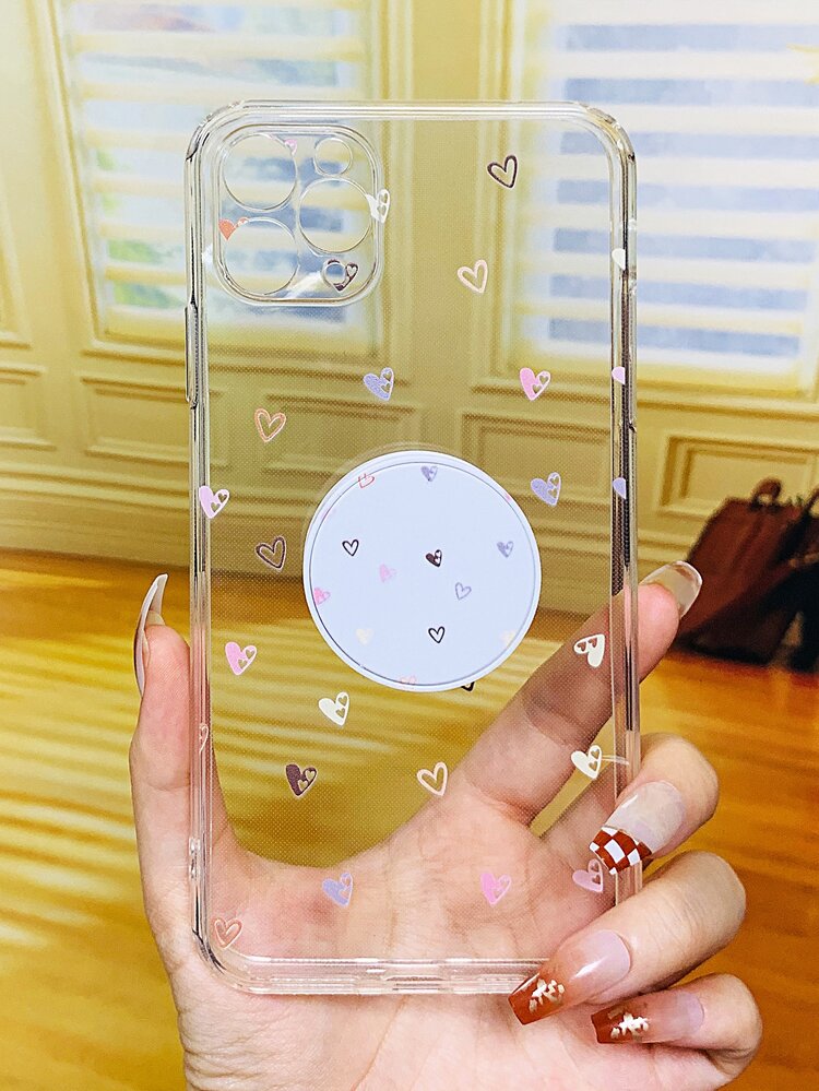 Heart Pattern Clear Phone Case With Stand-Out Phone Grip