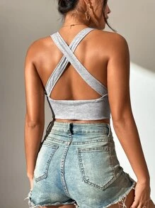 SHEIN Essnce Plunge Neck Crisscross Back Crop Tank Top - Light Grey - View 2