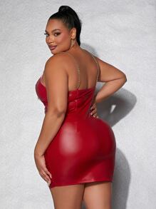 SHEIN SXY Plus Ruched PU Leather Bodycon Dress - Burgundy - View 2