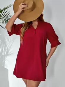 SHEIN VCAY Plus Notched Neck Flounce Sleeve Tunic Dress - Burgundy - View 1