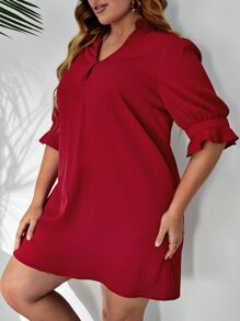 SHEIN VCAY Plus Notched Neck Flounce Sleeve Tunic Dress - Burgundy - View 3