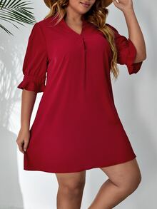 SHEIN VCAY Plus Notched Neck Flounce Sleeve Tunic Dress - Burgundy - View 5