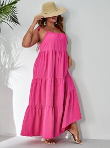 SHEIN VCAY Vestido de tirantes unicolor bajo con volante - Rosa Fucsia - Ver 1