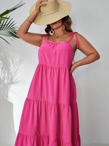 SHEIN VCAY Vestido de tirantes unicolor bajo con volante - Rosa Fucsia - Ver 5