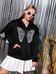 SHEIN EZwear Plus Size Butterfly Rhinestone Zip Up Drop Shoulder Sweatshirt - Black - View 1
