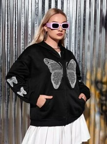 SHEIN EZwear Plus Size Butterfly Rhinestone Zip Up Drop Shoulder Sweatshirt - Black - View 3