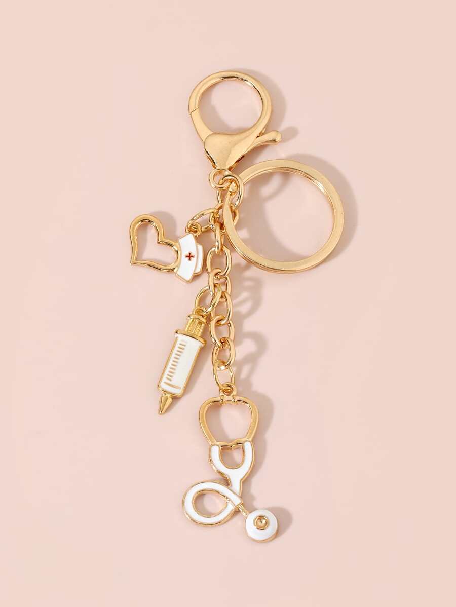 注射器和聽筒吊墜鑰匙圈 - 金色 - 查看 1