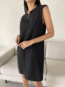 DAZY Vestido Sólido De Cuello De Muesca - Negro - Ver 4