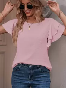 SHEIN Clasi Swiss Dot Butterfly Sleeve Blouse - Pink - View 3