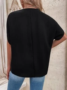 SHEIN LUNE Contrast Lace Batwing Sleeve Blouse - Black - View 2