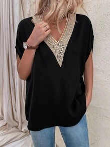 SHEIN LUNE Contrast Lace Batwing Sleeve Blouse - Black - View 3