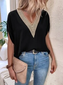 SHEIN LUNE Contrast Lace Batwing Sleeve Blouse - Black - View 5