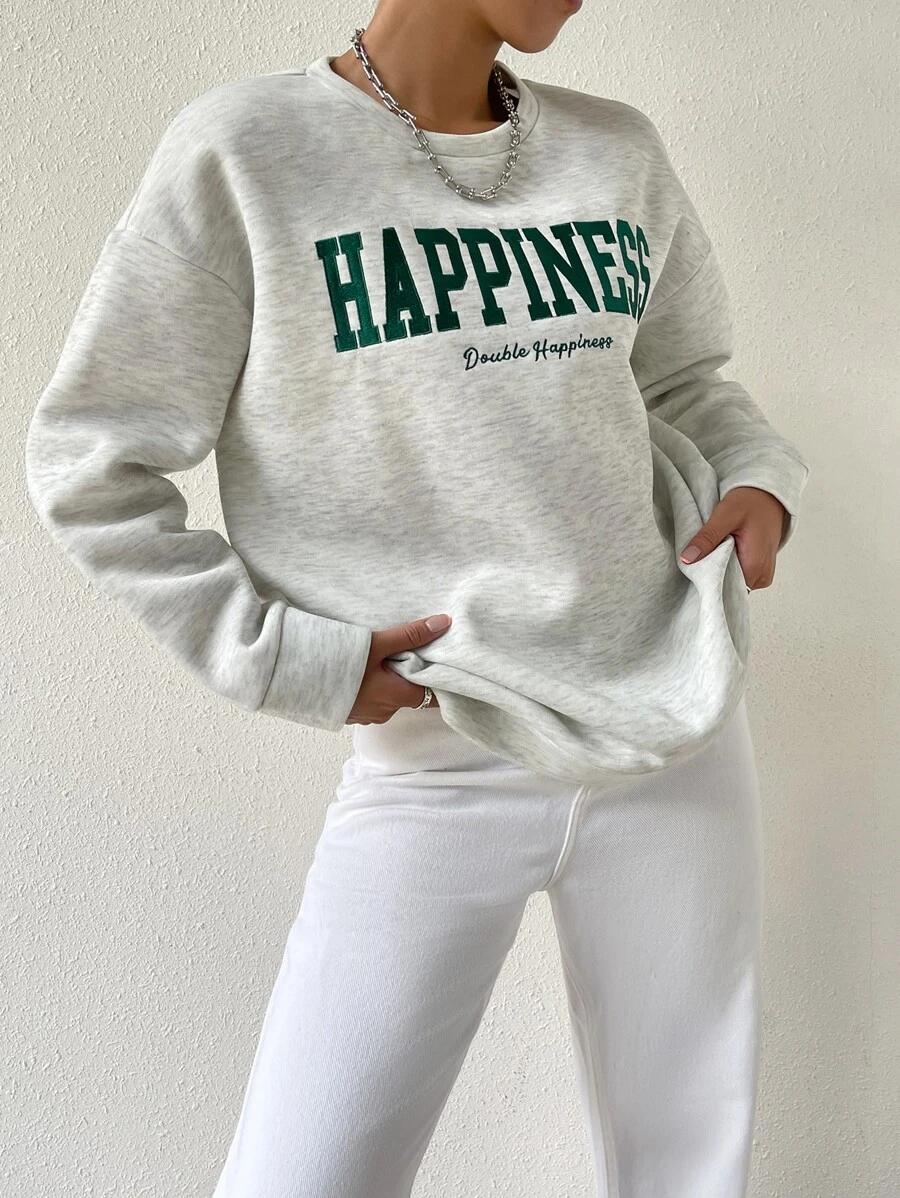 SHEIN Unity Letter Embroidery Drop Shoulder Pullover Graduation,Back To School Outfits,Graduation,Teacher Outfits For Women,Back To School  Fall Outfit - Light Grey - View 1