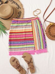 Soleia Chevron Embroidery Fringe Trim Split Hem Skirt - Pink - View 1