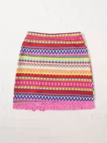 Soleia Chevron Embroidery Fringe Trim Split Hem Skirt - Pink - View 2
