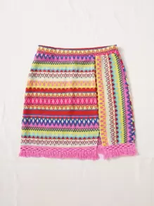 Soleia Chevron Embroidery Fringe Trim Split Hem Skirt - Pink - View 4