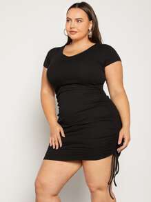 SHEIN Privé Đầm Plus Size Dây kéo Thắt nút Xù Gân đan màu trơn Thanh lịch - màu đen - Xem 5