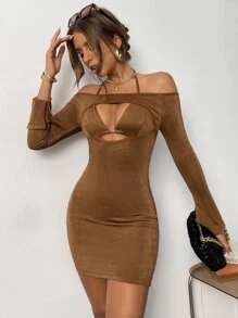 SHEIN Vestido ajustado de cuello asimétrico con abertura - Café integral - Ver 1