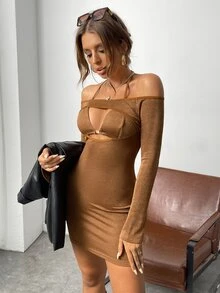 SHEIN Vestido ajustado de cuello asimétrico con abertura - Café integral - Ver 5
